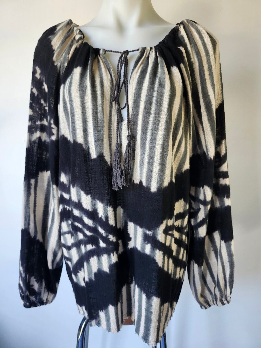 One Teaspoon Santorini hand-printed Minoan Peasant Blouse Black Cream Zebra
